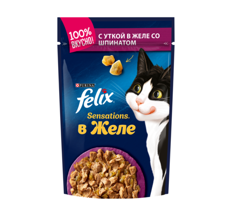 Влажный корм Felix Sensations для взрослых кошек, с уткой в желе со шпинатом – интернет-магазин Ле’Муррр